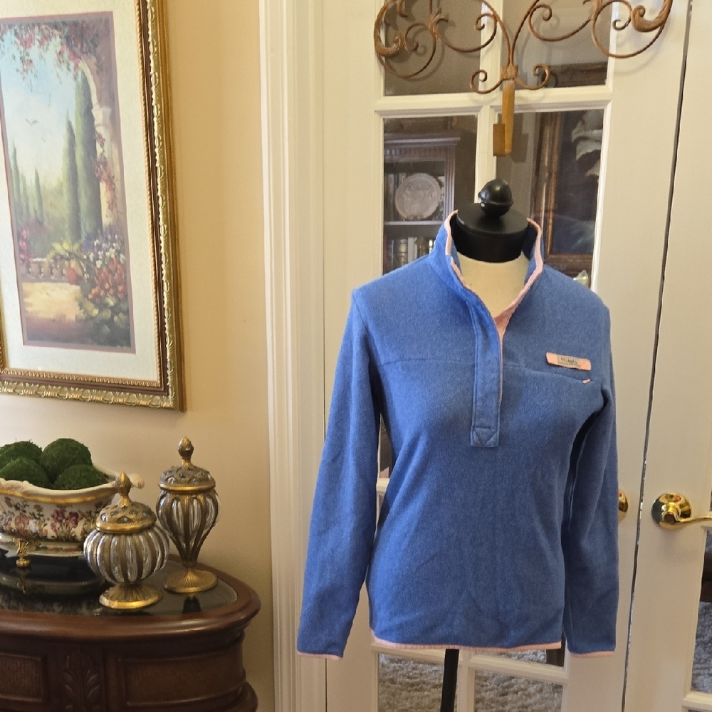 Columbia Blue Fleece Pullover Pink Trim Snap Closure Hidden Zip Front Pocket S